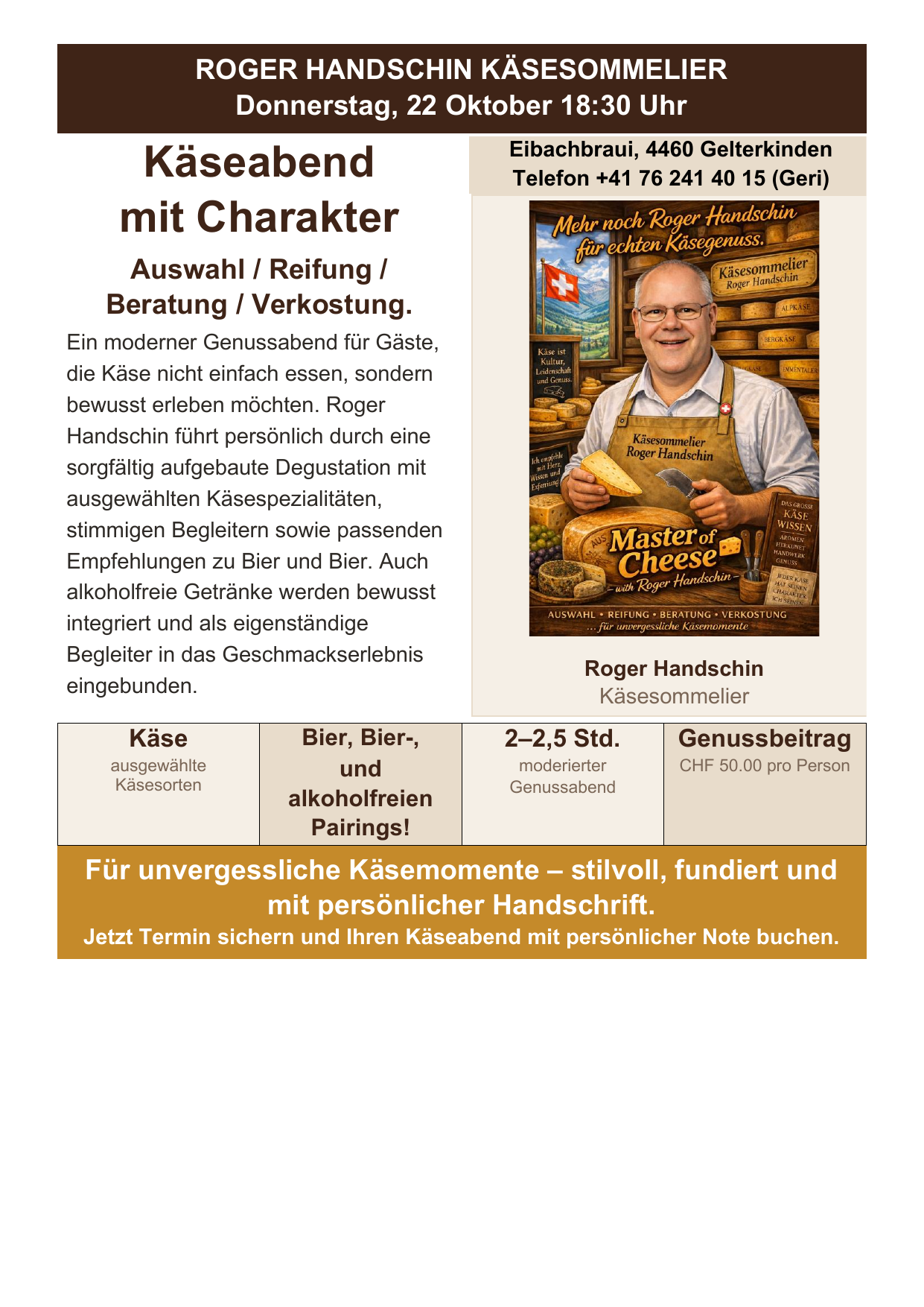 Flyer zum Käseabend mit Roger Handschin