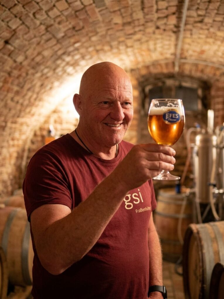Gerhard mit einem Glas Bier im Braukeller